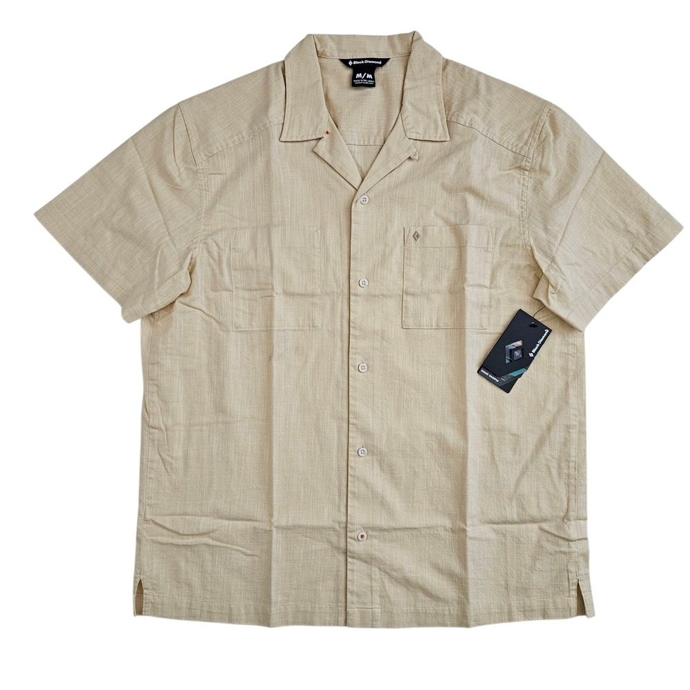 Black Diamond Men Medium Cotton Linen Short Sleeve Button Camp Shirt Loop Collar